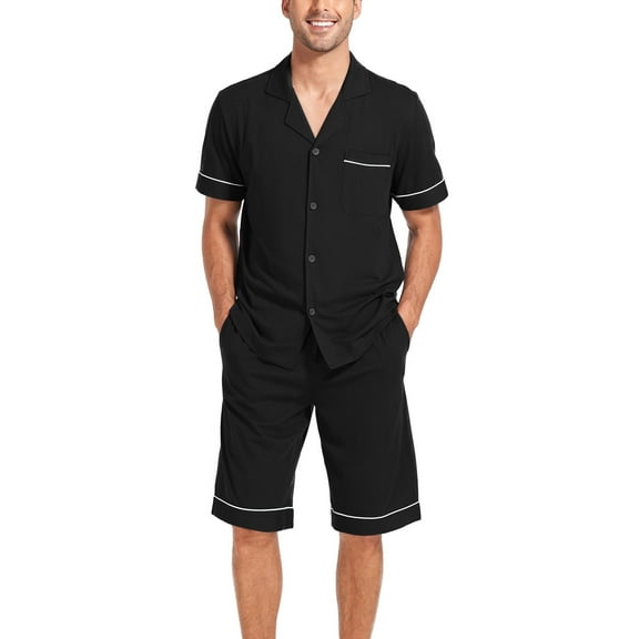 ANLIQI Men's 100% Cotton Short Sleeve Pajama Sets Button Down Notched Collar Sleepwear Soft Lounge Pjs with Pockets (Black, M)