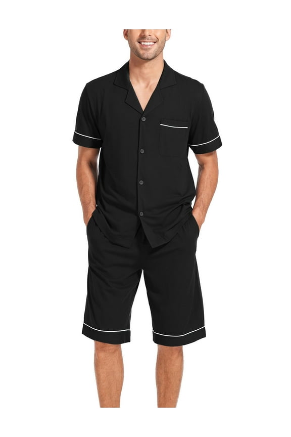 Men's 100% Cotton Short Sleeve Pajama Sets Button Down Notched Collar Sleepwear Soft Lounge Pjs with Pockets (Black, XL)