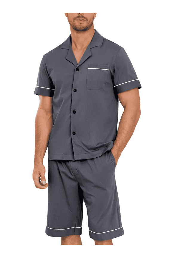 Men's 100% Cotton Short Sleeve Pajama Sets Button Down Notched Collar Sleepwear Soft Lounge Pjs with Pockets (Deep Grey, L)