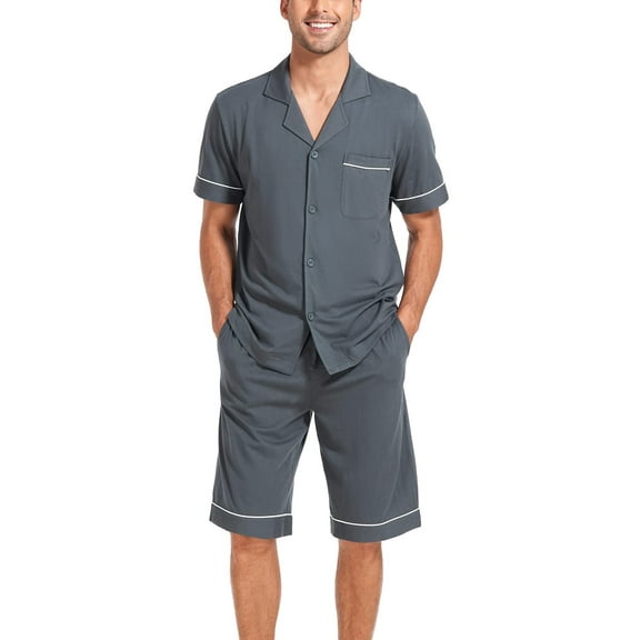 ANLIQI Men's 100% Cotton Short Sleeve Pajama Sets Button Down Notched Collar Sleepwear Soft Lounge Pjs with Pockets (Deep Grey, XL)