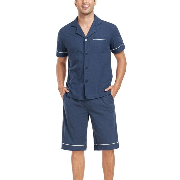 ANLIQI Men's 100% Cotton Short Sleeve Pajama Sets Button Down Notched Collar Sleepwear Soft Lounge Pjs with Pockets (Heather Navy, L)