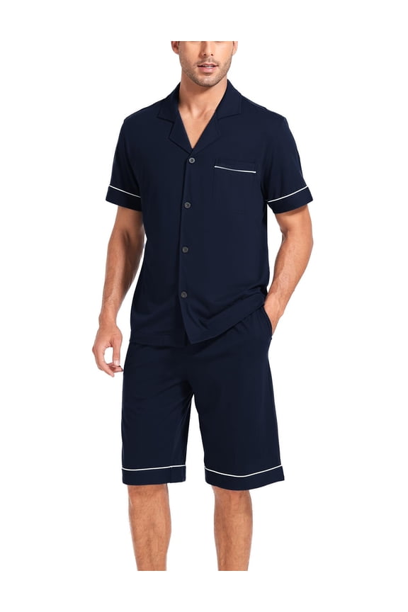 Men's 100% Cotton Short Sleeve Pajama Sets Button Down Notched Collar Sleepwear Soft Lounge Pjs with Pockets (Navy Blue, M)