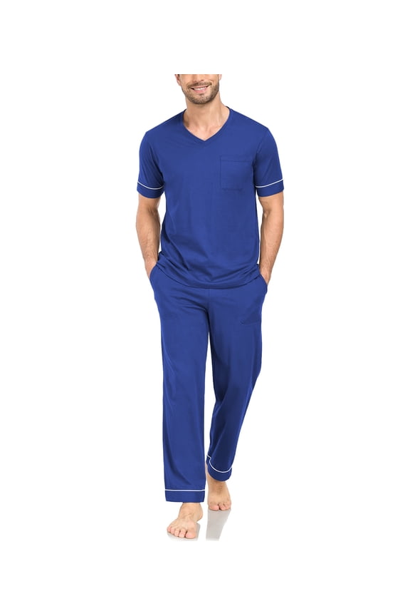 Men's 100% Cotton Pajama Set Soft v-neck Top Short Sleeve & Bottom Pants with Pockets Men's Loungewear Sets(CB_L)