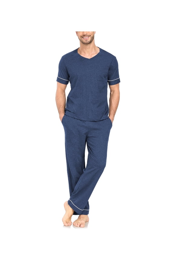 Men's 100% Cotton Pajama Set Soft v-neck Top Short Sleeve & Bottom Pants with Pockets Men's Loungewear Sets(HN_S)