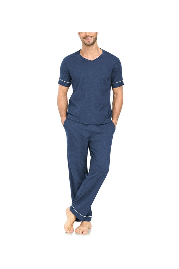 Men's 100% Cotton Pajama Set Soft v-neck Top Short Sleeve & Bottom Pants with Pockets Men's Loungewear Sets(HN_L)