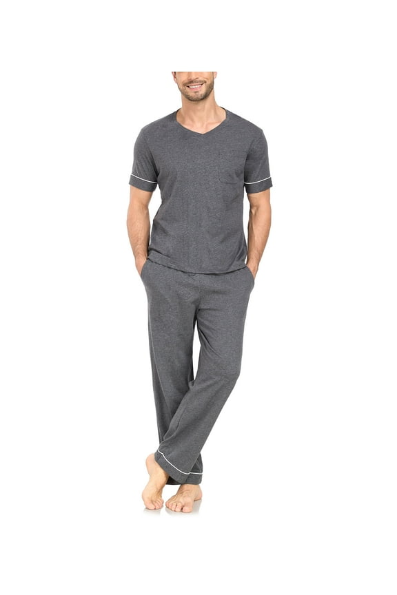 Men's 100% Cotton Pajama Set Soft v-neck Top Short Sleeve & Bottom Pants with Pockets Men's Loungewear Sets(DGR_XL)