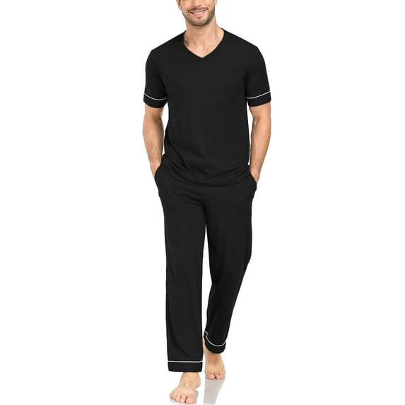 ANLIQI Men's 100% Cotton Pajama Set Soft v-neck Top Short Sleeve & Bottom Pants with Pockets Men's Loungewear Sets(B_XL)