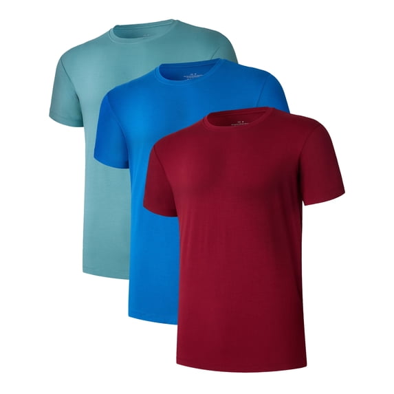 ANLIQI Men's Bamboo Rayon Undershirts Short Sleeve Crewneck Moisture-Wicking Undershirts (Lake Green/Blue/Wine Red, L)