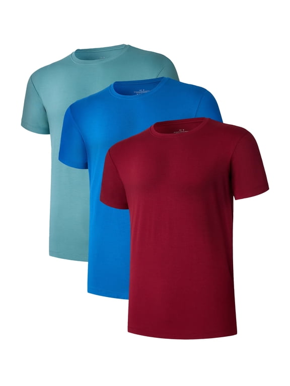 Men's Bamboo Rayon Undershirts Short Sleeve Crewneck Moisture-Wicking Undershirts (Lake Green/Blue/Wine Red, L)