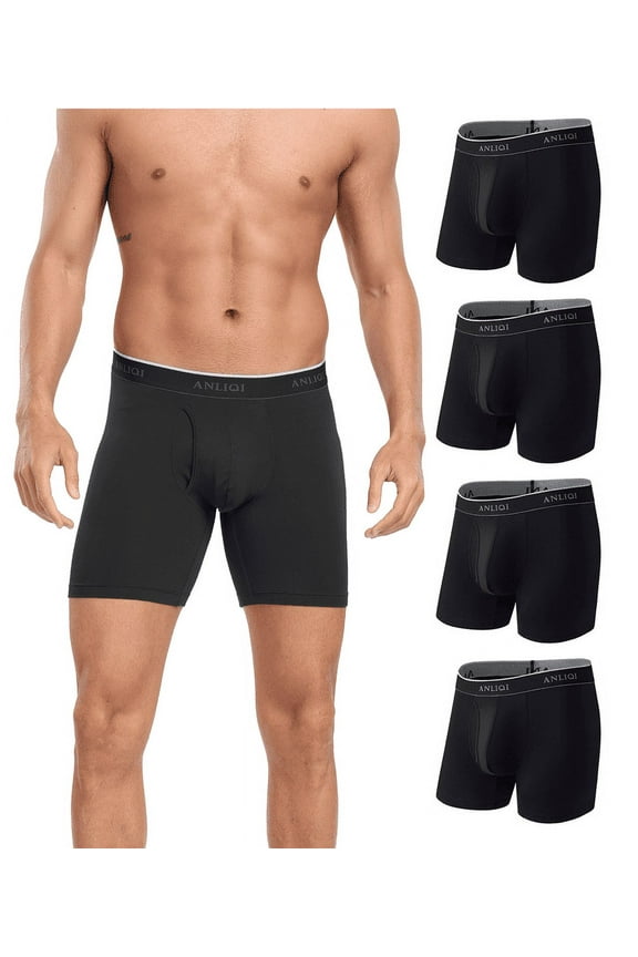 Men's Boxer Briefs Bamboo Rayon Underwear Breathable Moisture Wicking Underwear for Men Pack with Fly Underpants(4Black,L)