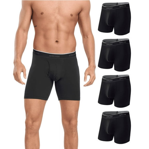 ANLIQI Men's Boxer Briefs Bamboo Rayon Underwear Breathable Moisture Wicking Underwear for Men Pack with Fly Underpants(4Black,XL)