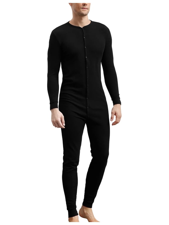 Men's Cotton Thermal Underwear Union Suits Henley Onesies Base Layer (Black, L)