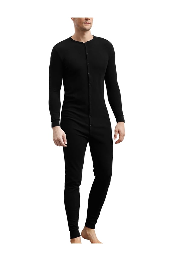 Men's Cotton Thermal Underwear Union Suits Henley Onesies Base Layer (Black, L)