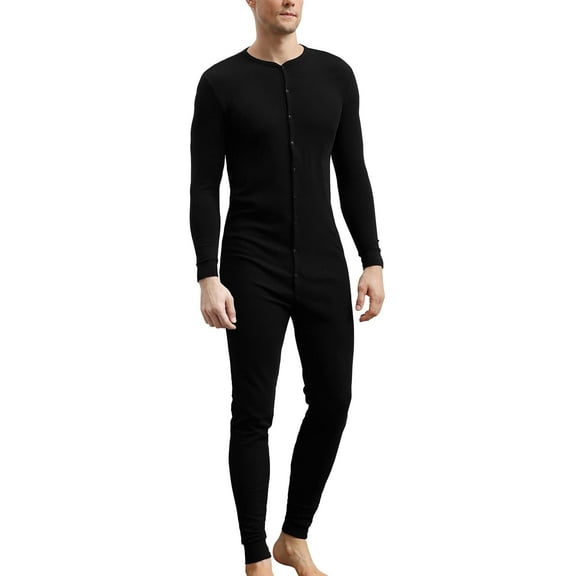 ANLIQI Men's Cotton Thermal Underwear Union Suits Henley Onesies Base Layer (Black, S)