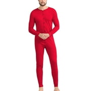 ANLIQI Men's Cotton Thermal Underwear Union Suits Henley Onesies Base Layer (Red, M)