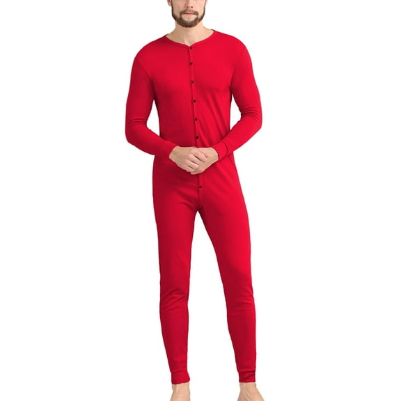 ANLIQI Men's Cotton Thermal Underwear Union Suits Henley Onesies Base Layer (Red, L)