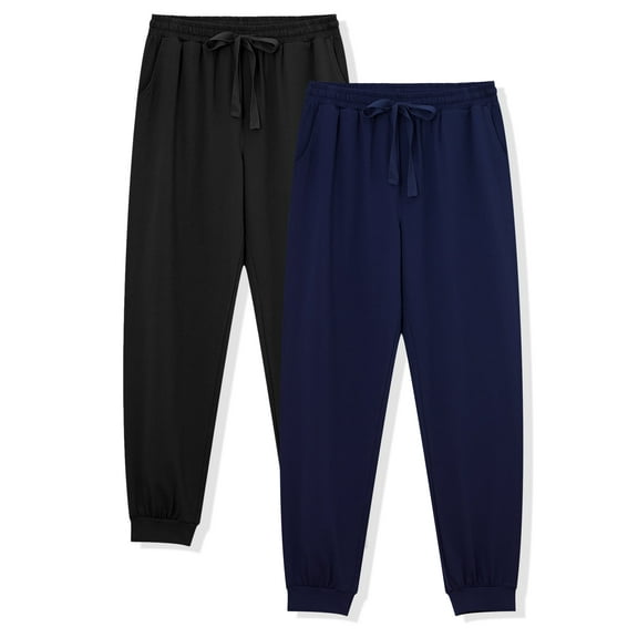 ANLIQI Men's Jogger Sleep Pants Cotton Pajama Bottoms Soft Lightweight Loungewear with Drawstring and Pockets 2 Pack(Black&Navy Blue,L)