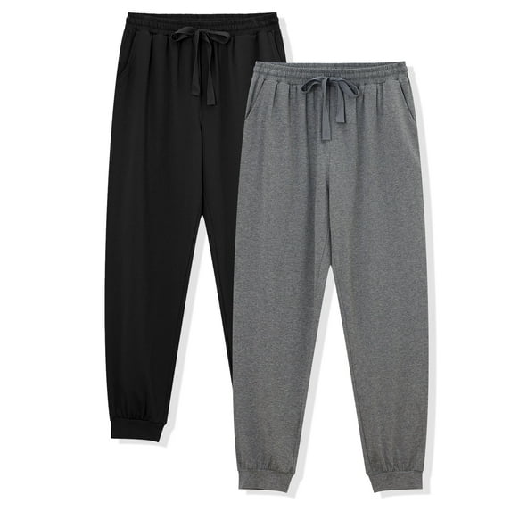 ANLIQI Men's Jogger Sleep Pants Cotton Pajama Bottoms Soft Lightweight Loungewear with Drawstring and Pockets 2 Pack(Black&Dark Gray,L)
