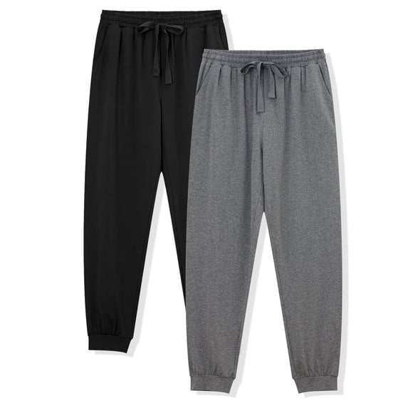 ANLIQI Men's Jogger Sleep Pants Cotton Pajama Bottoms Soft Lightweight Loungewear with Drawstring and Pockets 2 Pack(Black&Dark Gray,L)