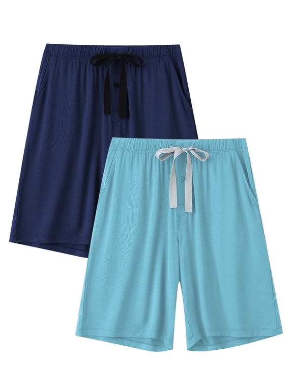 Men’s Pajama Bamboo Shorts Soft Sleep Shorts Comfy Lounge Pants with Pockets (Navy Blue&Light Green,2XL)