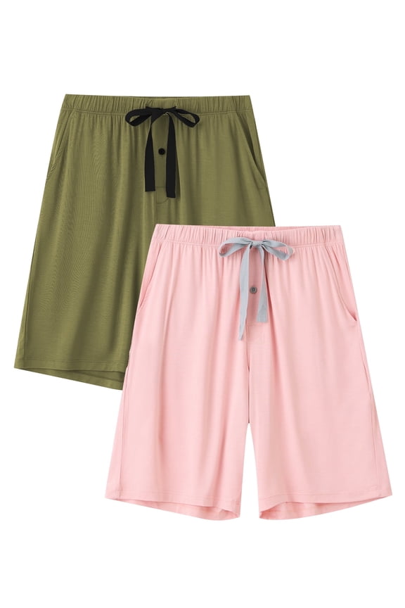 Men’s Pajama Bamboo Shorts Soft Sleep Shorts Comfy Lounge Pants with Pockets (Pink&Olive Green,2XL)