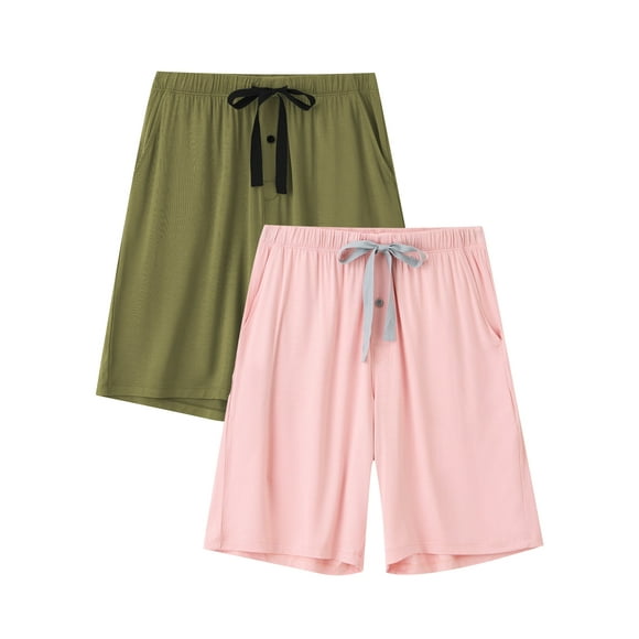ANLIQI Men’s Pajama Bamboo Shorts Soft Sleep Shorts Comfy Lounge Pants with Pockets (Pink&Olive Green,L)
