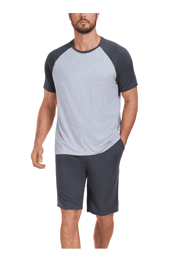 Men's Pajama Sets Rayon Made From Bamboo Sleepwear Shirts & Shorts Soft Cool Summer Pajamas for Men (TH,L)