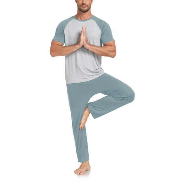 ANLIQI Men's Pajama Sets Short Sleeve Top & Pant Soft Bamboo Rayon Pjs Set Lounge Sleepwear for Men (Grey Blue M)