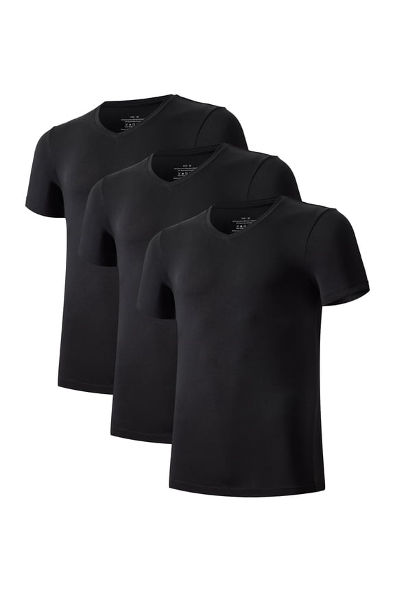 Men's Undershirt Bamboo Rayon V-Neck T-Shirts Short Sleeve Tagless Tees Slim Fit Underwear 3-Pack (Black, L)