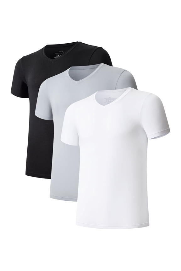 Men's Undershirt Bamboo Rayon V-Neck T-Shirts Short Sleeve Tagless Tees Slim Fit Underwear 3-Pack (Black/White/Gray, M)