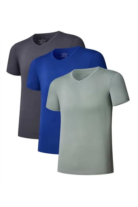 Men's Undershirt Bamboo Rayon V-Neck T-Shirts Short Sleeve Tagless Tees Slim Fit Underwear 3-Pack (Royal Blue/Dark Grey, L)