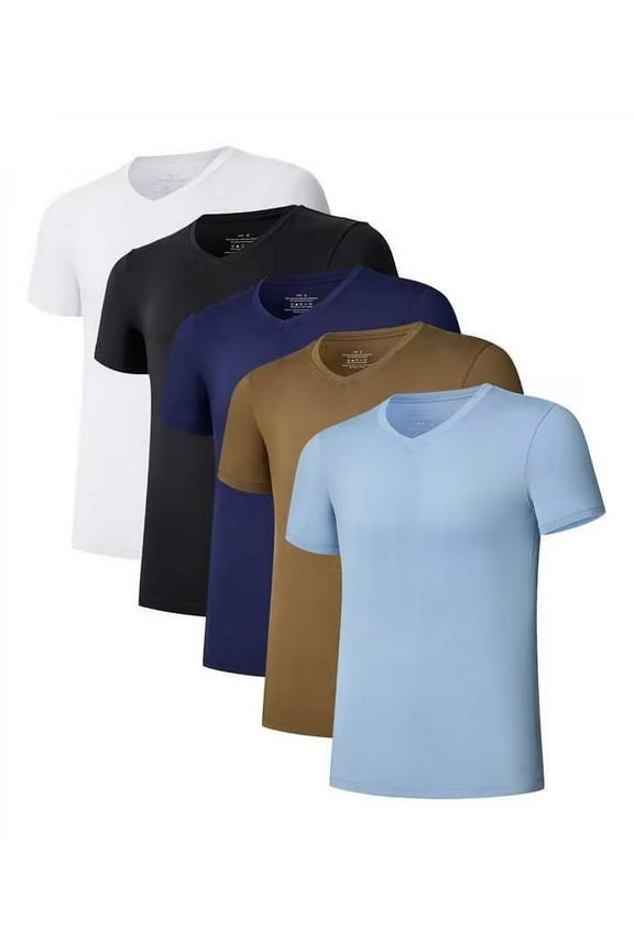 Men's Undershirt Bamboo Rayon V-Neck T-Shirts Short Sleeve Tagless Tees Slim Fit Underwear 5-Pack (5G, L)