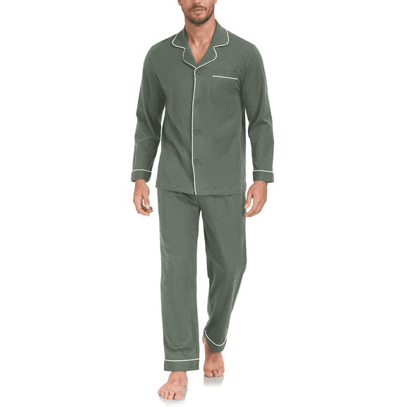 ANLIQI Mens 100% Cotton Pajama Sets Button Down Mens Pajama Sets Long Sleeve Knit mens Pajama Sets with Pockets(Army Green,M)