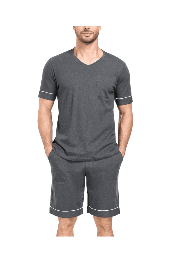Mens 100% Cotton Pajamas Set Summer Short Sleeve Sleepwear Cool Shorts with Pockets Pjs Soft Loungewear Nightwear(Dark Grey,S)