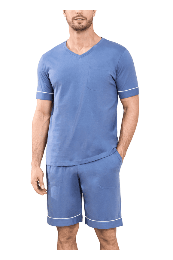 Mens 100% Cotton Pajamas Set Summer Short Sleeve Sleepwear Soft Shorts Pjs with Pockets 2 Piece Lounge Set Nightwear(Blue,M)
