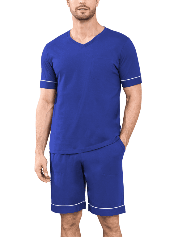 Mens 100% Cotton Pajamas Set Summer Short Sleeve Sleepwear Soft Shorts Pjs with Pockets 2 Piece Lounge Set Nightwear(Cobalt Blue,S)