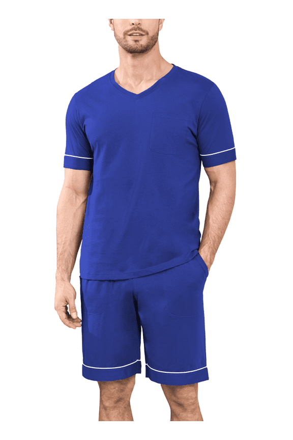 Mens 100% Cotton Pajamas Set Summer Short Sleeve Sleepwear Soft Shorts Pjs with Pockets 2 Piece Lounge Set Nightwear(Cobalt Blue,XL)