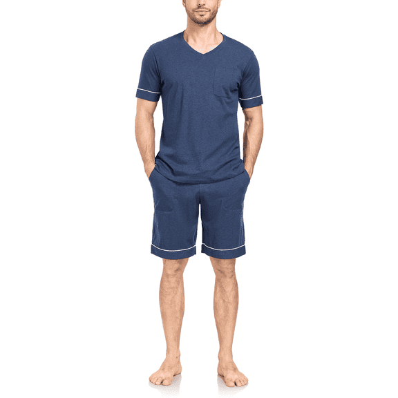 ANLIQI Mens 100% Cotton Pajamas Set Classic Short Sleeve Sleepwear Soft Shorts Pjs with Pockets 2 Piece Lounge Set Nightwear(Cobalt Blue,L)