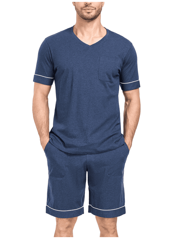Mens 100% Cotton Pajamas Set Summer Short Sleeve Sleepwear Soft Shorts Pjs with Pockets 2 Piece Lounge Set Nightwear(Heather Navy,S)