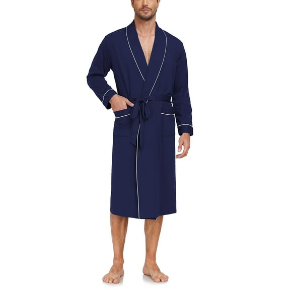 ANLIQI Mens 100% Cotton Robes Lightweight Long Sleeve Bathrobe Knit Spa with Pockets (Navy Blue, 2XL)