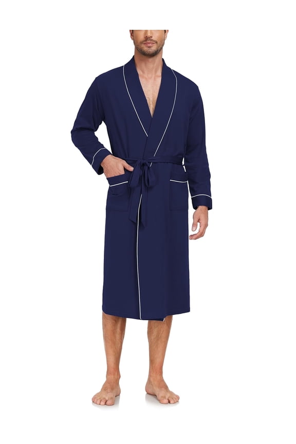 Mens 100% Cotton Robes Lightweight Long Sleeve Bathrobe Knit Spa with Pockets (Navy Blue, M)