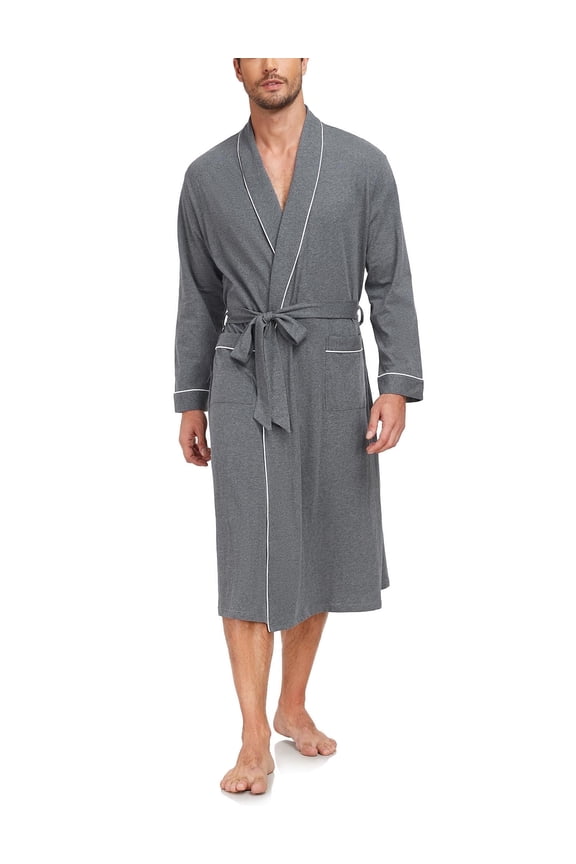 Mens 100% Cotton Robes Lightweight Long Sleeve Bathrobe Soft Knit Spa Robe with Pockets (Deep Grey, 2XL)