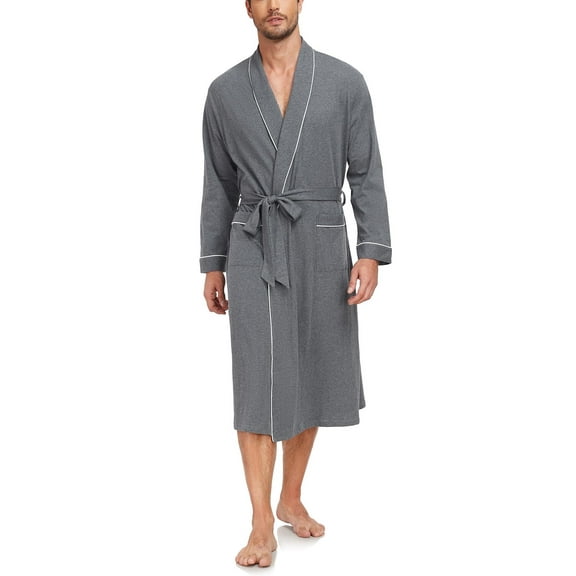ANLIQI Mens 100% Cotton Robes Lightweight Long Sleeve Bathrobe Soft Knit Spa Robe with Pockets (Deep Grey, L)