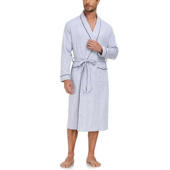 ANLIQI Mens 100% Cotton Robes Lightweight Long Sleeve Bathrobe Soft Knit Spa Robe with Pockets (Grey, 2XL)