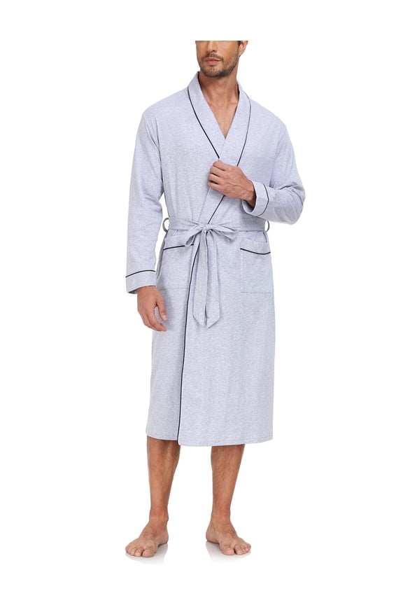 Mens 100% Cotton Robes Lightweight Long Sleeve Bathrobe Soft Knit Spa Robe with Pockets (Grey, L)