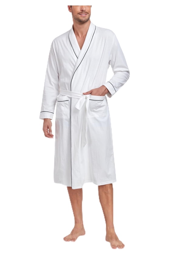 Mens 100% Cotton Robes Lightweight Long Sleeve Bathrobe Soft Knit Spa Robe with Pockets (White, 2XL)