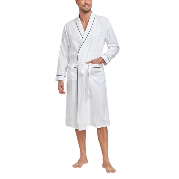 ANLIQI Mens 100% Cotton Robes Lightweight Long Sleeve Bathrobe Soft Knit Spa Robe with Pockets (White, L)