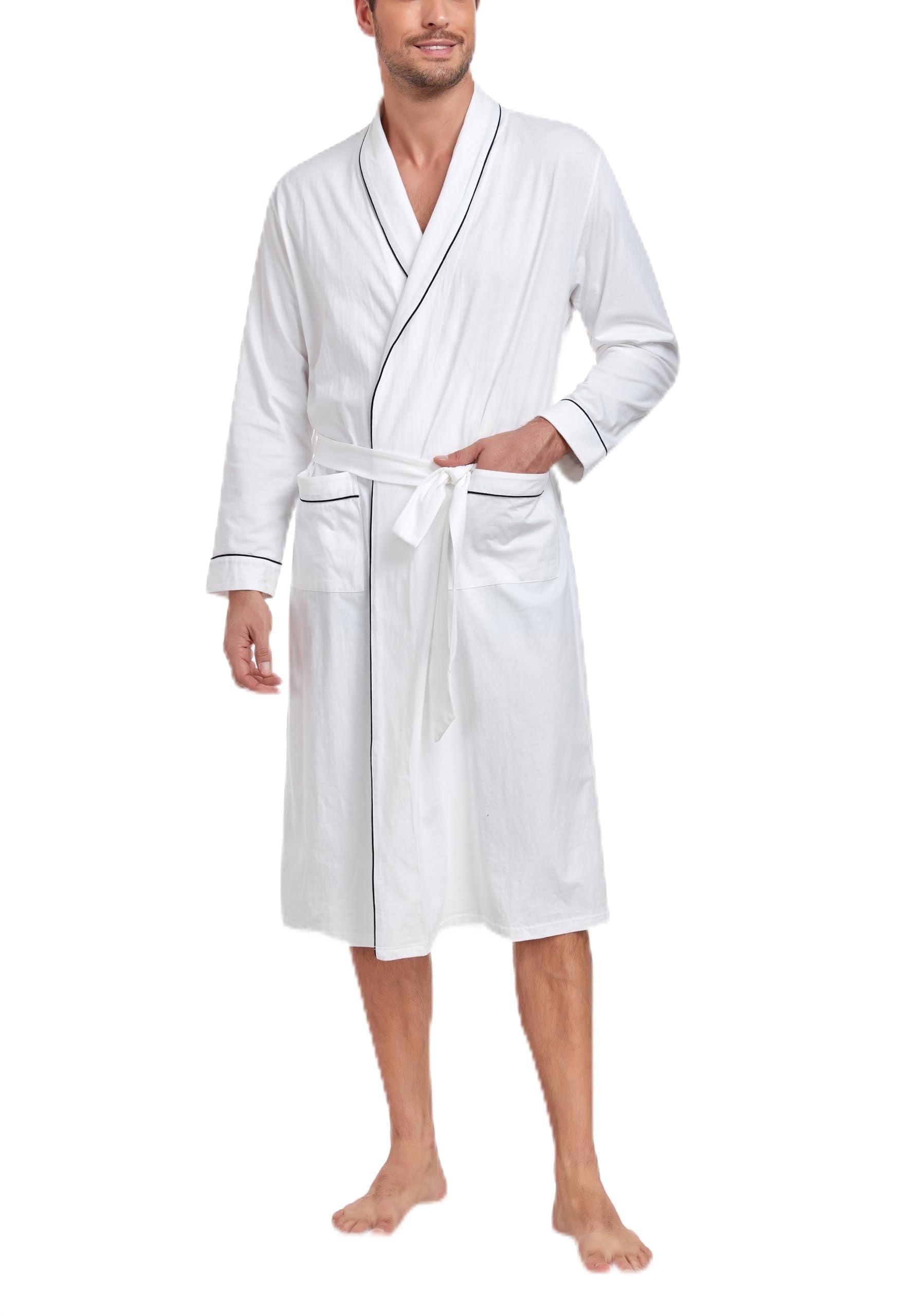 ANLIQI Mens 100% Cotton Robes Lightweight Long Sleeve Bathrobe Soft Knit Spa Robe with Pockets (White, XL)