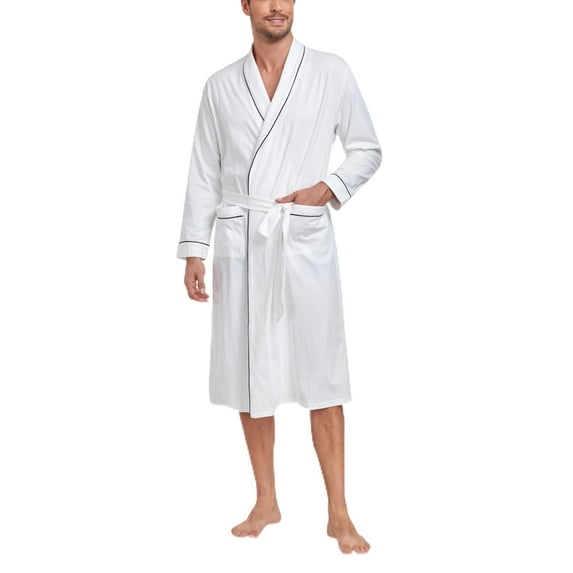 ANLIQI Mens 100% Cotton Robes Lightweight Long Sleeve Bathrobe Soft Knit Spa Robe with Pockets (White, XL)