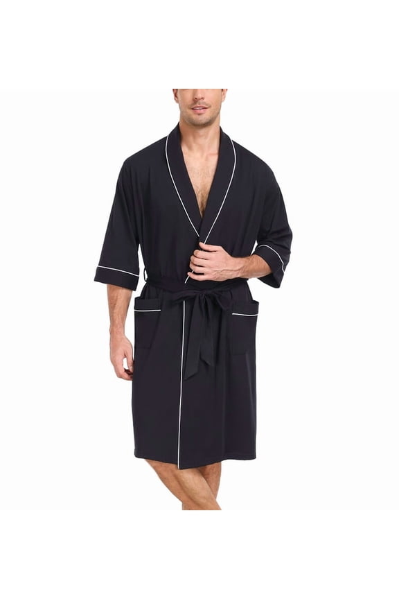 Mens 100% Cotton Short Robes Summer Lightweight Kimono Bathrobe Soft Knee Length Robe with Pockets (Black, M)